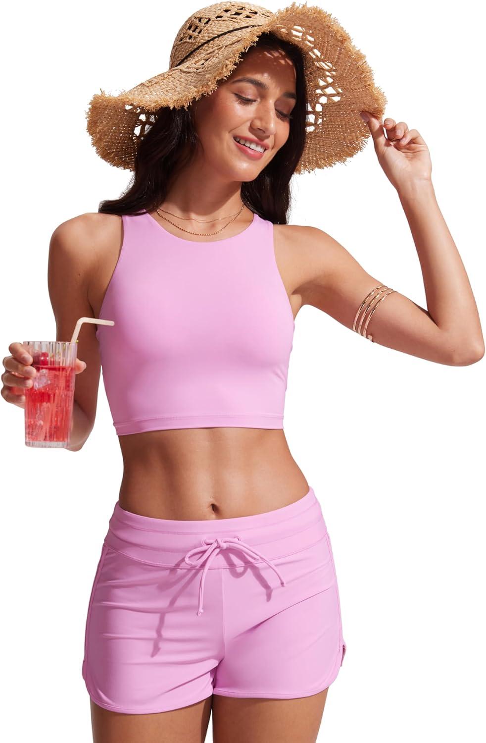 imageCRZ YOGA Racerback Bikini Tops for Women Padded High Neck Modest Swim Sports Bathing BraVita Pink