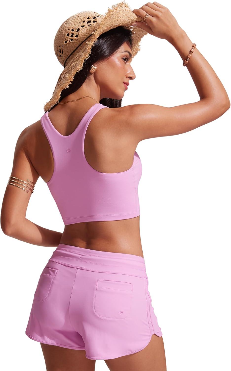 imageCRZ YOGA Racerback Bikini Tops for Women Padded High Neck Modest Swim Sports Bathing BraVita Pink