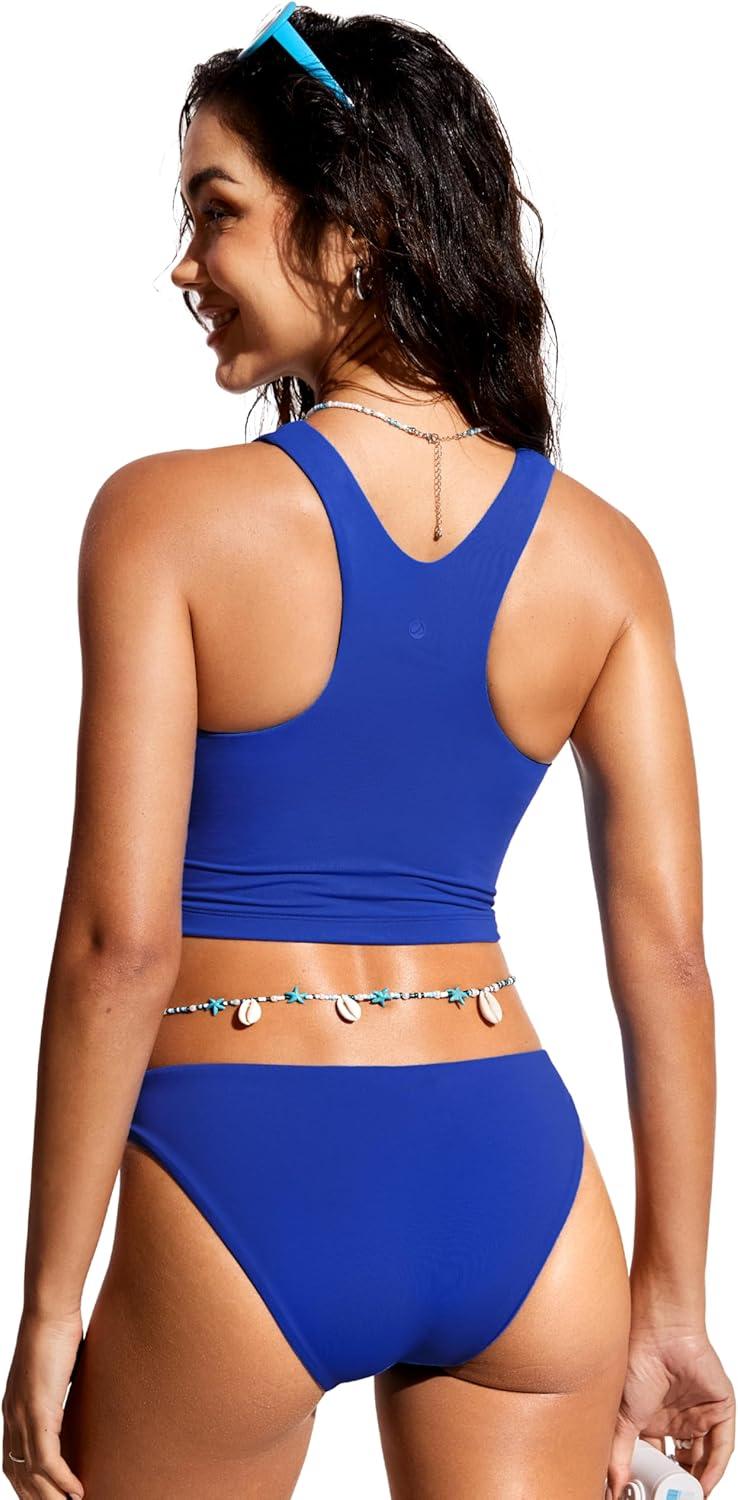 imageCRZ YOGA Racerback Bikini Tops for Women Padded High Neck Modest Swim Sports Bathing BraWaves Blue