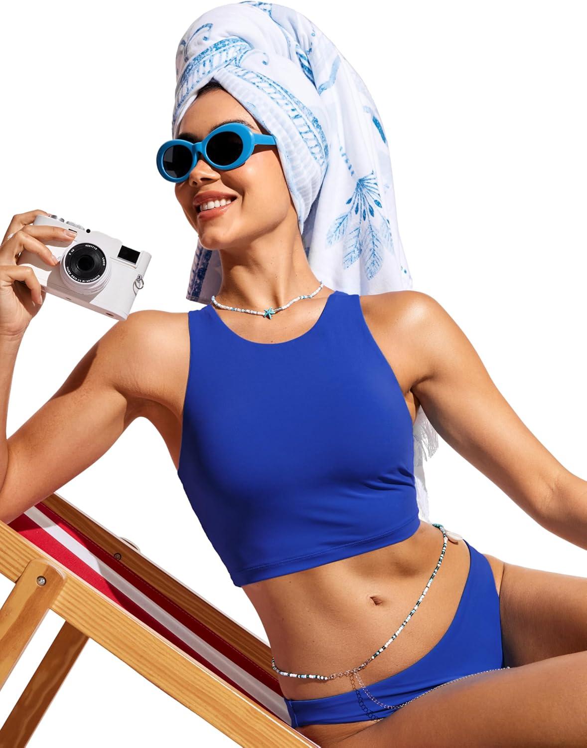 imageCRZ YOGA Racerback Bikini Tops for Women Padded High Neck Modest Swim Sports Bathing BraWaves Blue