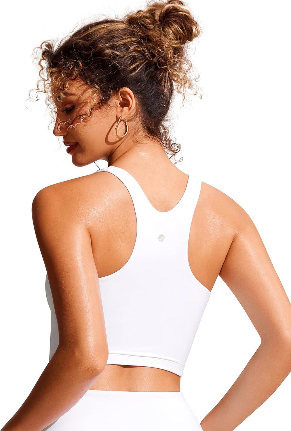imageCRZ YOGA Racerback Bikini Tops for Women Padded High Neck Modest Swim Sports Bathing BraWhite