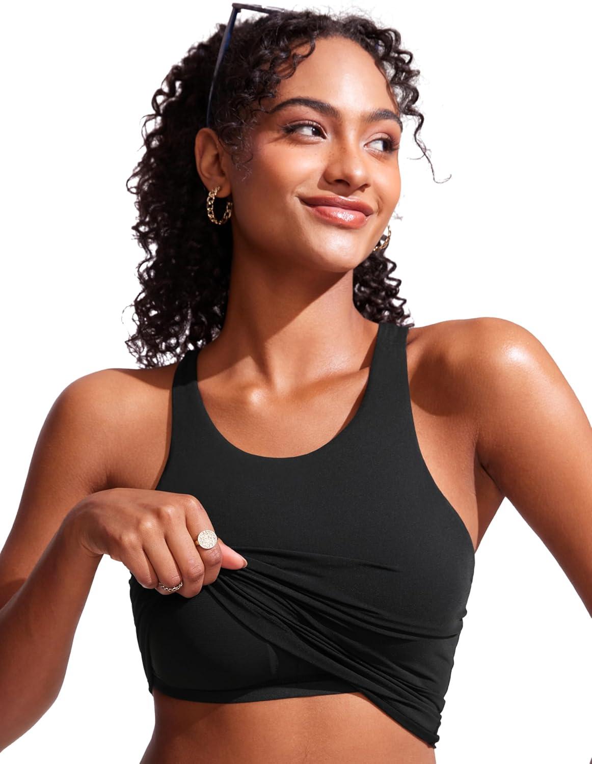 imageCRZ YOGA Racerback Tankini Tops for Women Padded High Neck Modest Swim Sports Bathing Tank OnlyBlack