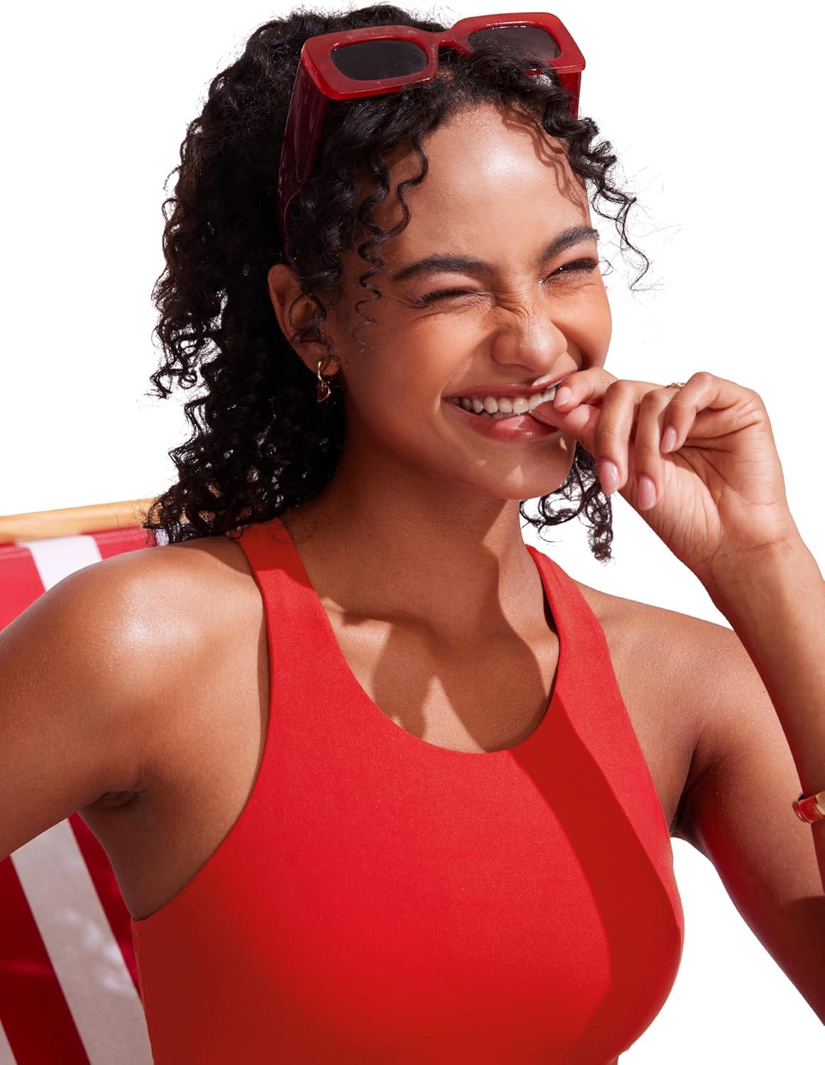 imageCRZ YOGA Racerback Tankini Tops for Women Padded High Neck Modest Swim Sports Bathing Tank OnlyDeep Red