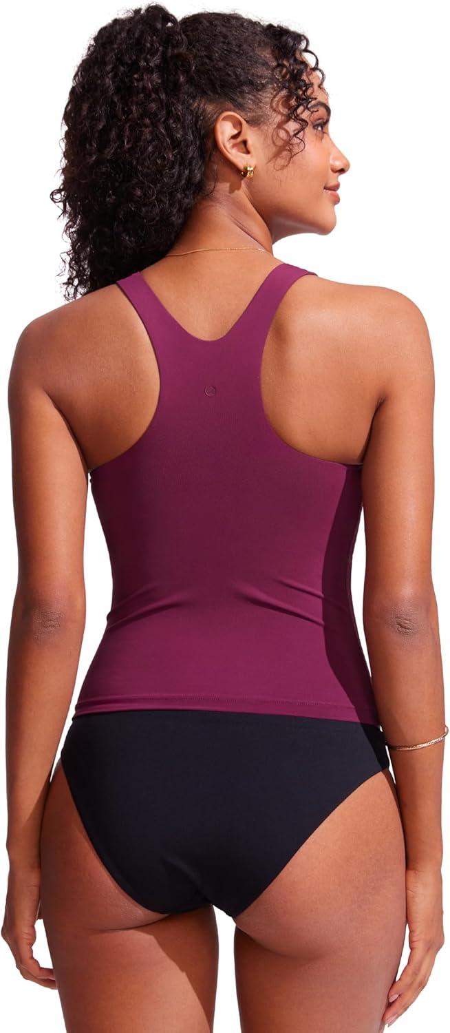 imageCRZ YOGA Racerback Tankini Tops for Women Padded High Neck Modest Swim Sports Bathing Tank OnlyFuchsia