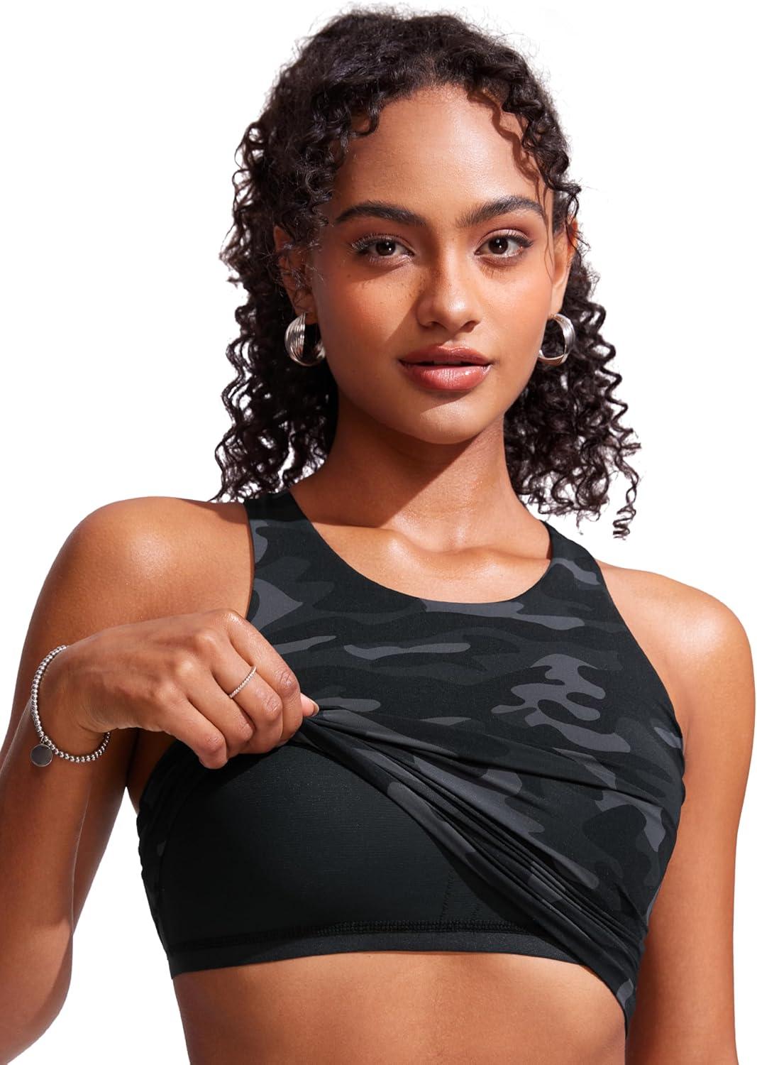 imageCRZ YOGA Racerback Tankini Tops for Women Padded High Neck Modest Swim Sports Bathing Tank OnlyJungle Camouflage Gray