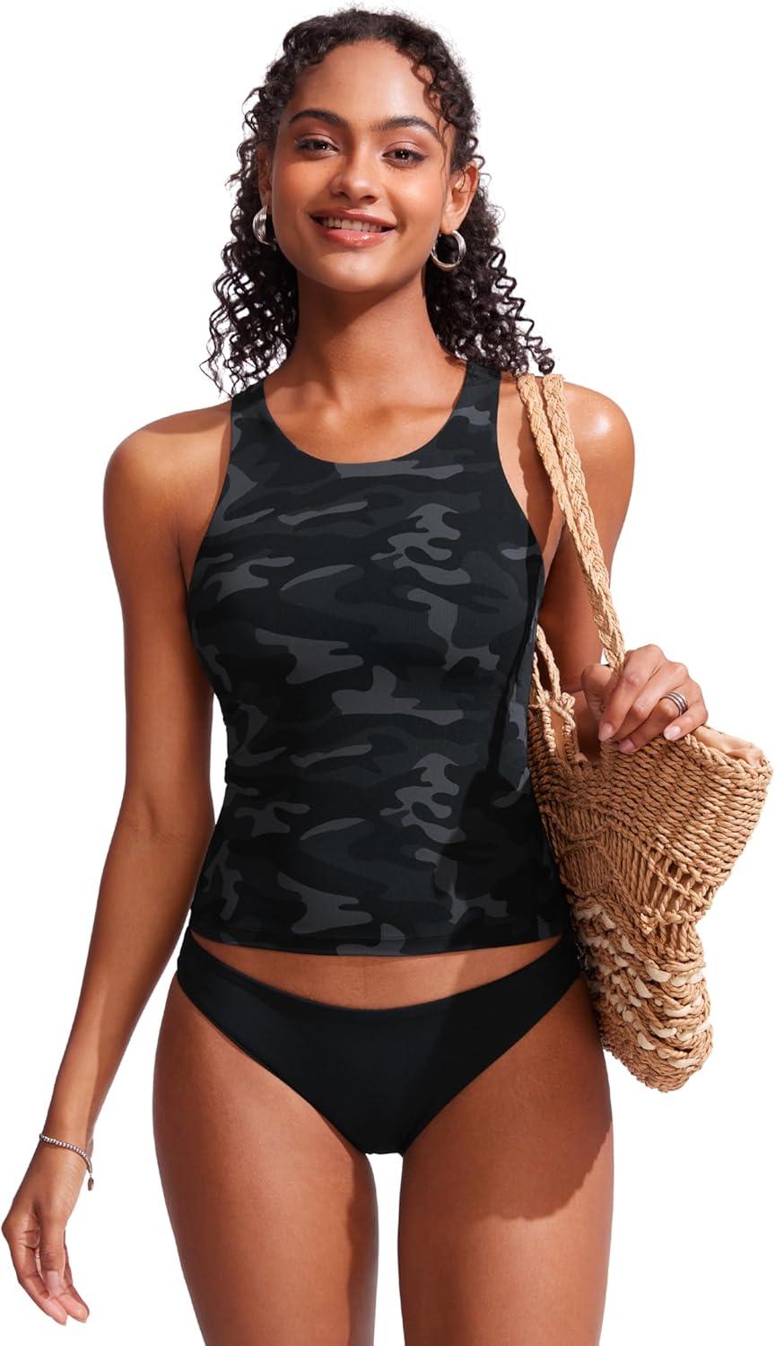 imageCRZ YOGA Racerback Tankini Tops for Women Padded High Neck Modest Swim Sports Bathing Tank OnlyJungle Camouflage Gray