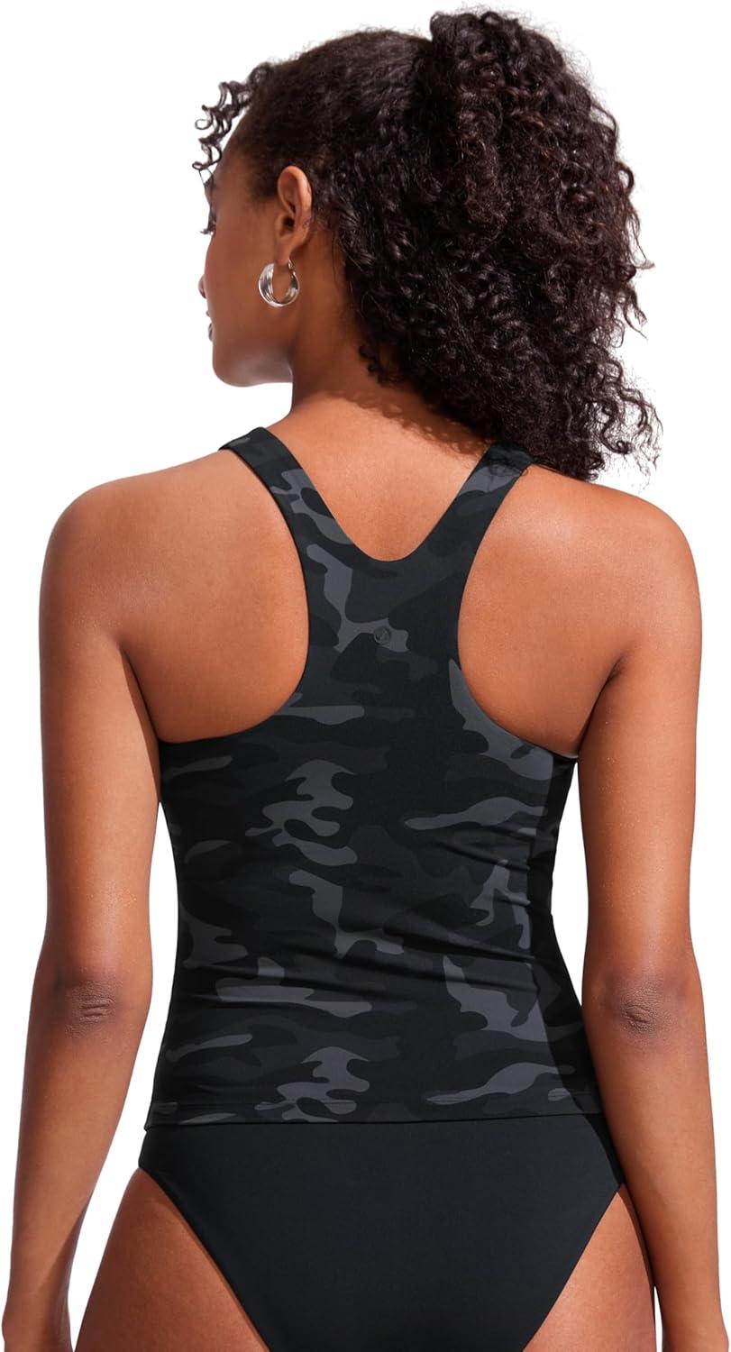 imageCRZ YOGA Racerback Tankini Tops for Women Padded High Neck Modest Swim Sports Bathing Tank OnlyJungle Camouflage Gray