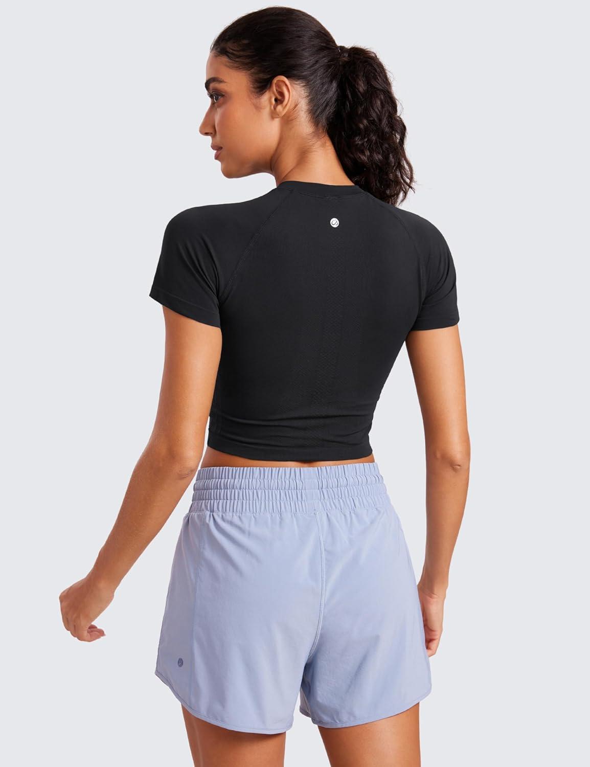 imageCRZ YOGA Seamless Crop Workout Tops for Women Athletic Running Gym Yoga Short Sleeve Shirts BasicBlack