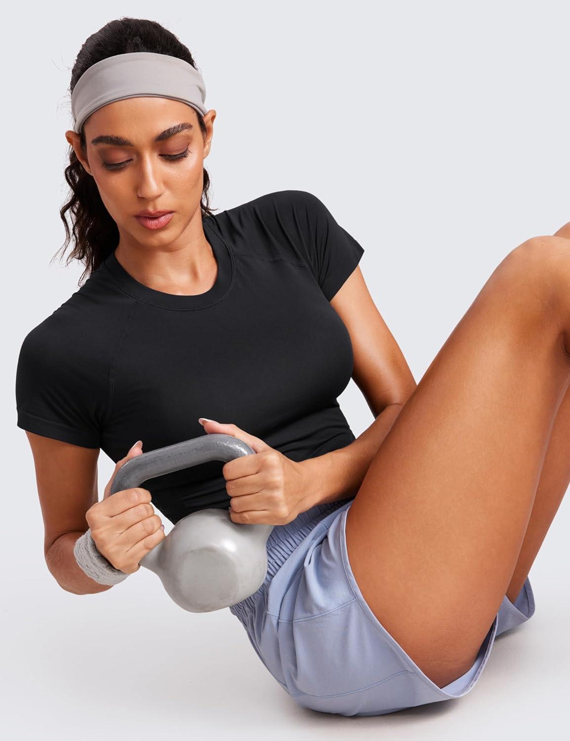 imageCRZ YOGA Seamless Crop Workout Tops for Women Athletic Running Gym Yoga Short Sleeve Shirts BasicBlack