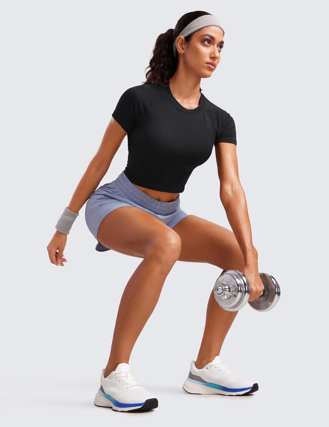 imageCRZ YOGA Seamless Crop Workout Tops for Women Athletic Running Gym Yoga Short Sleeve Shirts BasicBlack