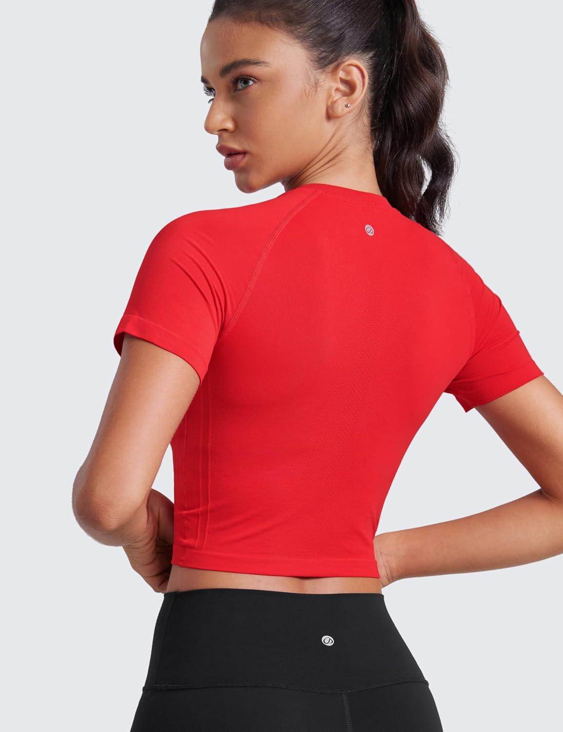 imageCRZ YOGA Seamless Crop Workout Tops for Women Athletic Running Gym Yoga Short Sleeve Shirts BasicDeep Red