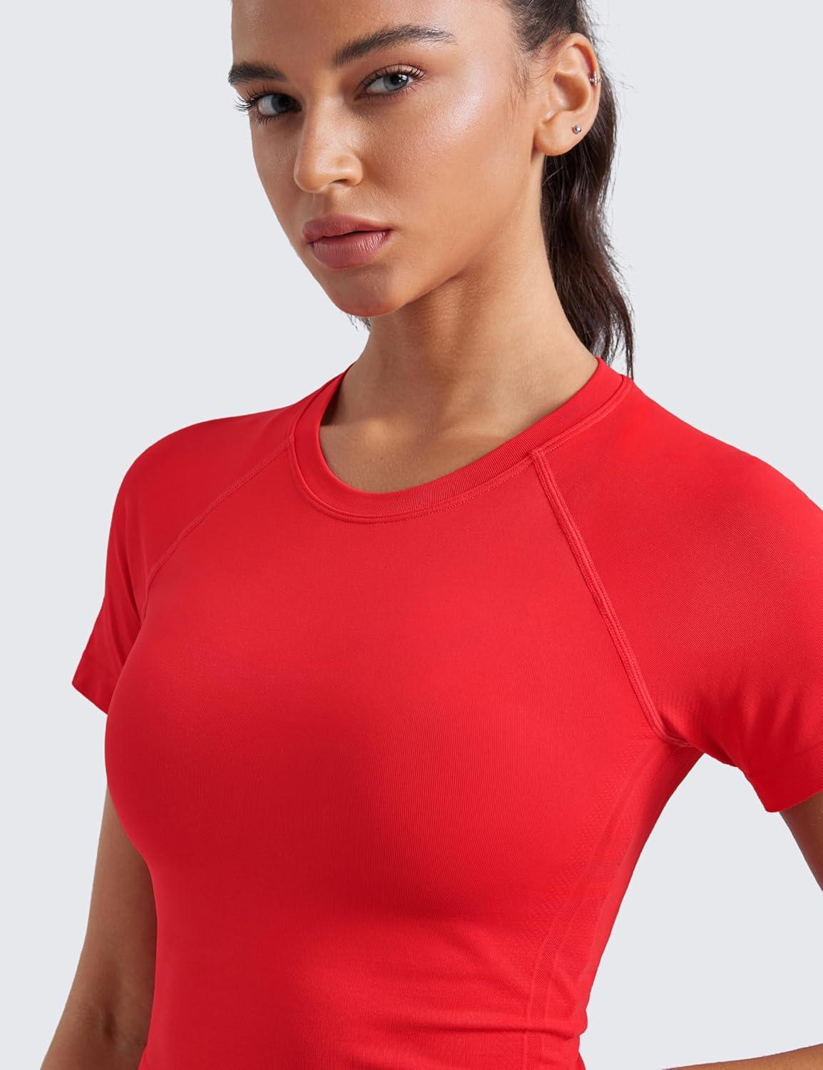 imageCRZ YOGA Seamless Crop Workout Tops for Women Athletic Running Gym Yoga Short Sleeve Shirts BasicDeep Red
