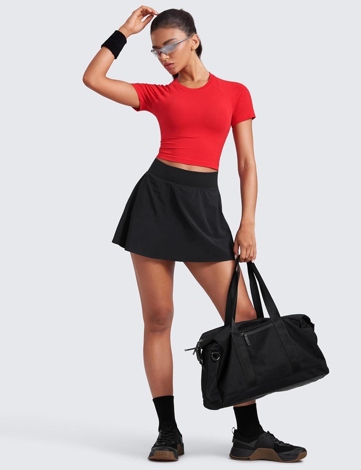 imageCRZ YOGA Seamless Crop Workout Tops for Women Athletic Running Gym Yoga Short Sleeve Shirts BasicDeep Red