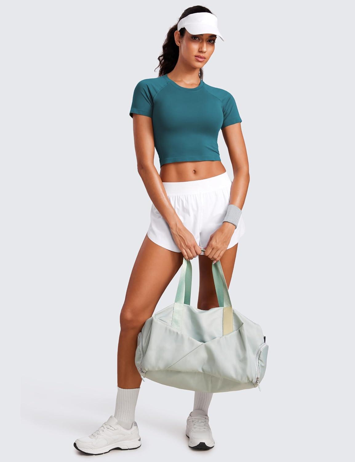 imageCRZ YOGA Seamless Crop Workout Tops for Women Athletic Running Gym Yoga Short Sleeve Shirts BasicGreen Jade