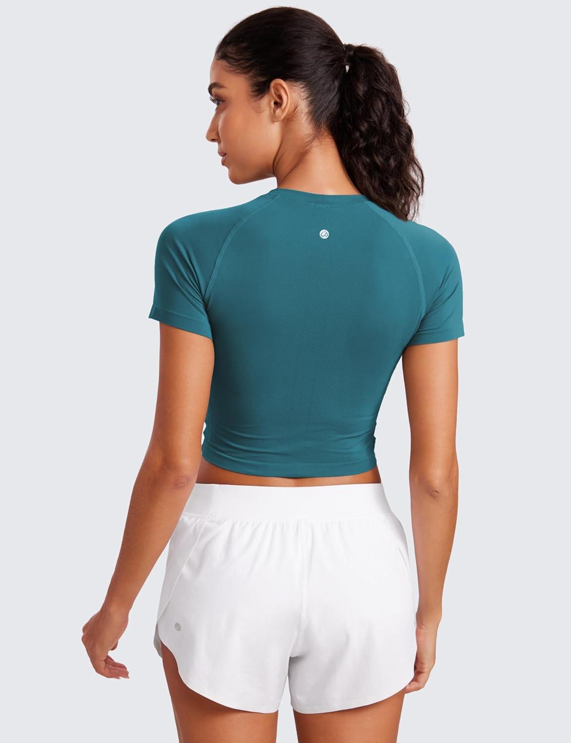 imageCRZ YOGA Seamless Crop Workout Tops for Women Athletic Running Gym Yoga Short Sleeve Shirts BasicGreen Jade