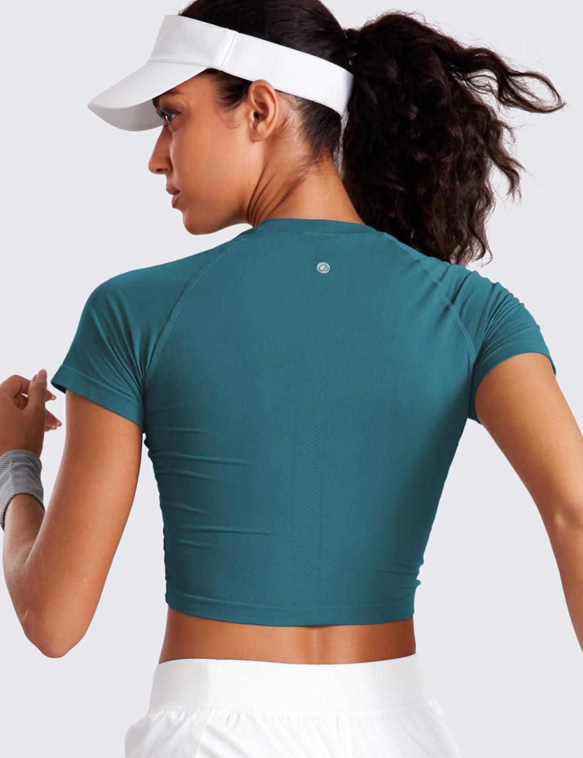 imageCRZ YOGA Seamless Crop Workout Tops for Women Athletic Running Gym Yoga Short Sleeve Shirts BasicGreen Jade