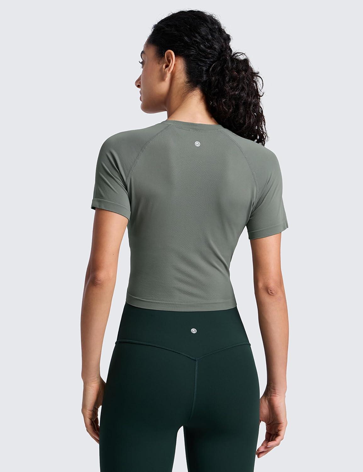 imageCRZ YOGA Seamless Crop Workout Tops for Women Athletic Running Gym Yoga Short Sleeve Shirts BasicGrey Sage