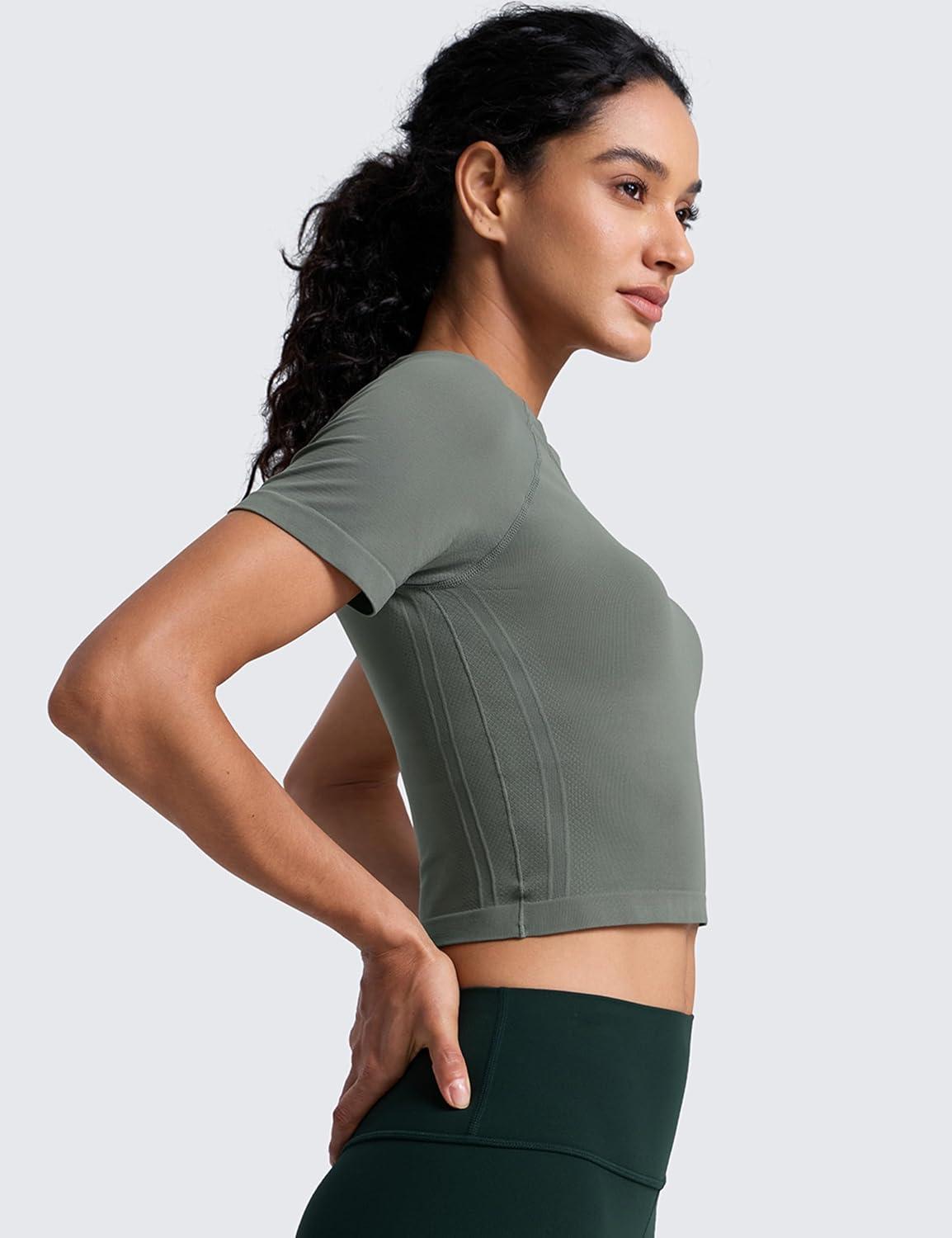 imageCRZ YOGA Seamless Crop Workout Tops for Women Athletic Running Gym Yoga Short Sleeve Shirts BasicGrey Sage