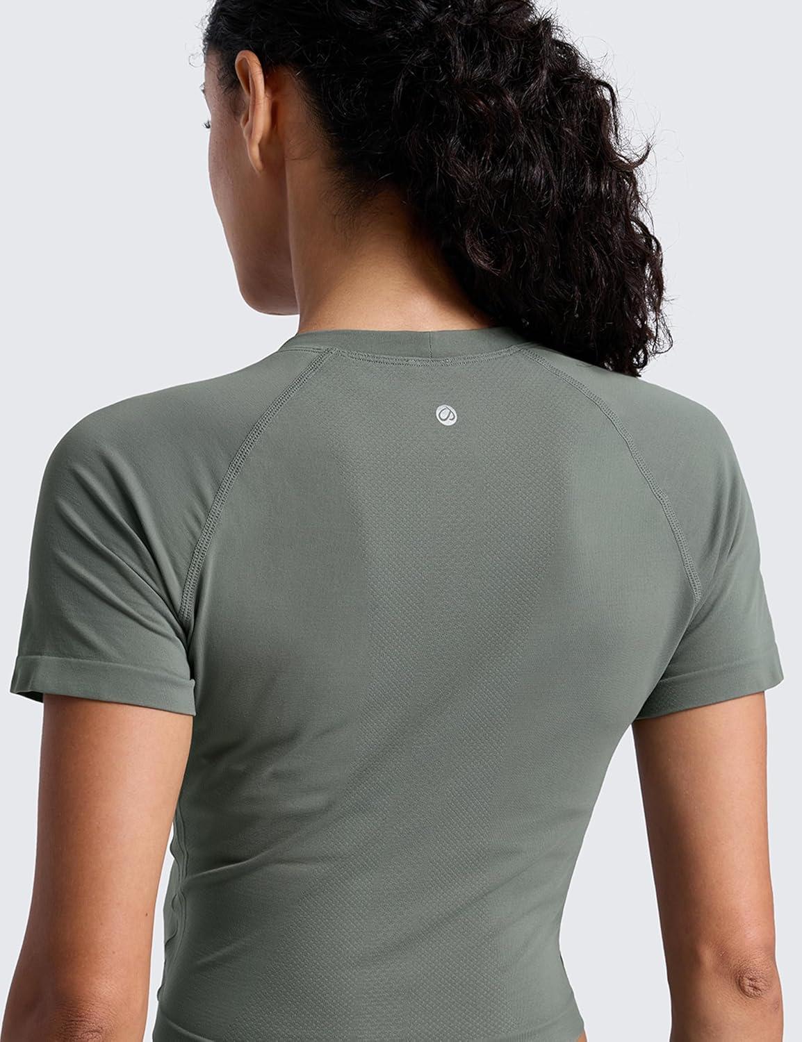 imageCRZ YOGA Seamless Crop Workout Tops for Women Athletic Running Gym Yoga Short Sleeve Shirts BasicGrey Sage