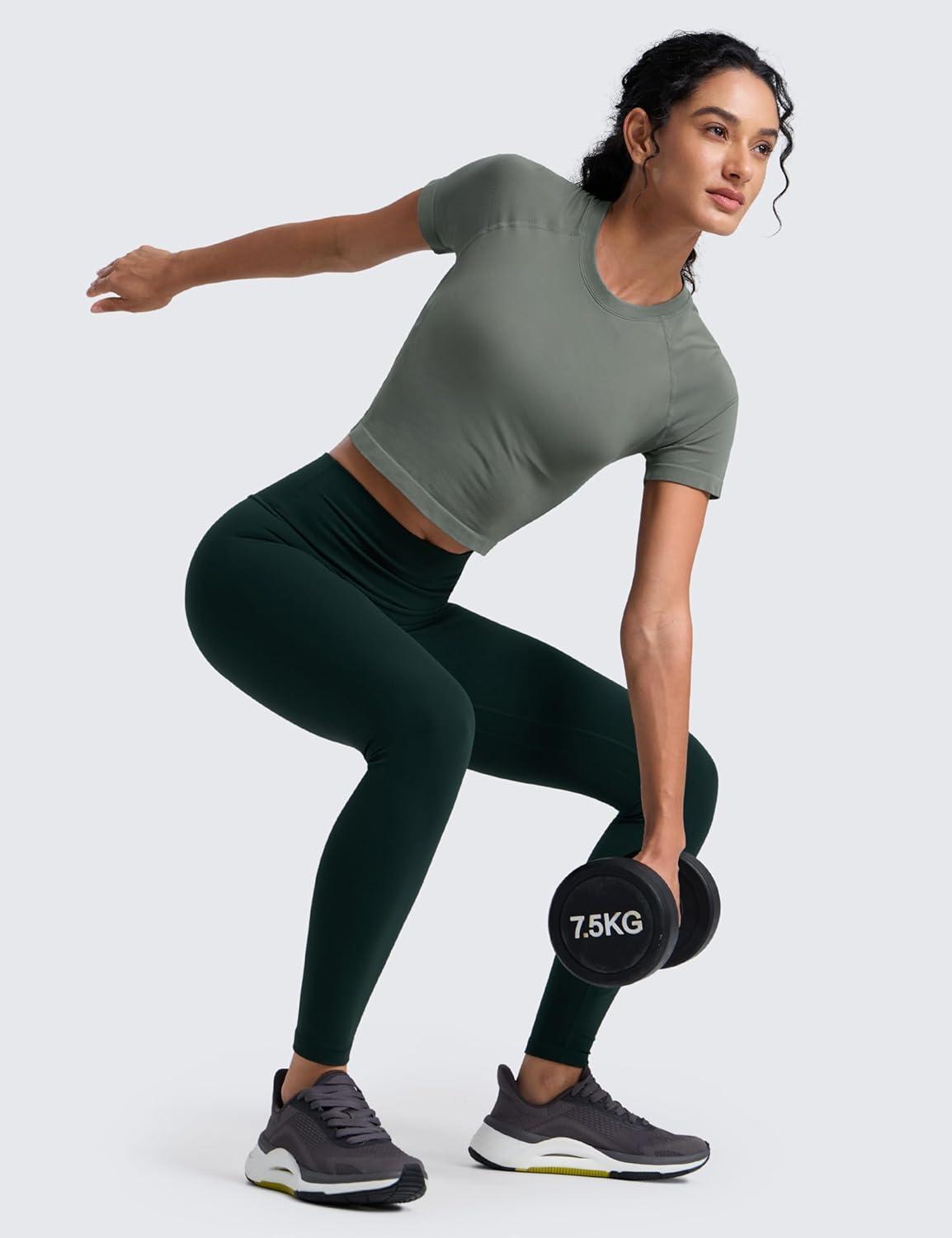 imageCRZ YOGA Seamless Crop Workout Tops for Women Athletic Running Gym Yoga Short Sleeve Shirts BasicGrey Sage