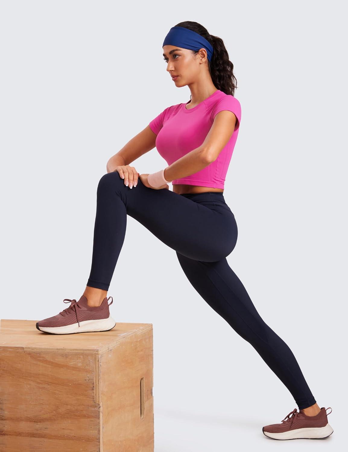 imageCRZ YOGA Seamless Crop Workout Tops for Women Athletic Running Gym Yoga Short Sleeve Shirts BasicHibiscus Purple