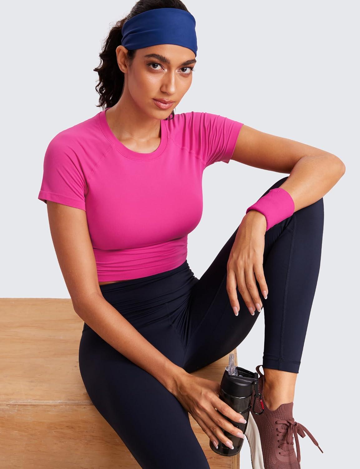 imageCRZ YOGA Seamless Crop Workout Tops for Women Athletic Running Gym Yoga Short Sleeve Shirts BasicHibiscus Purple