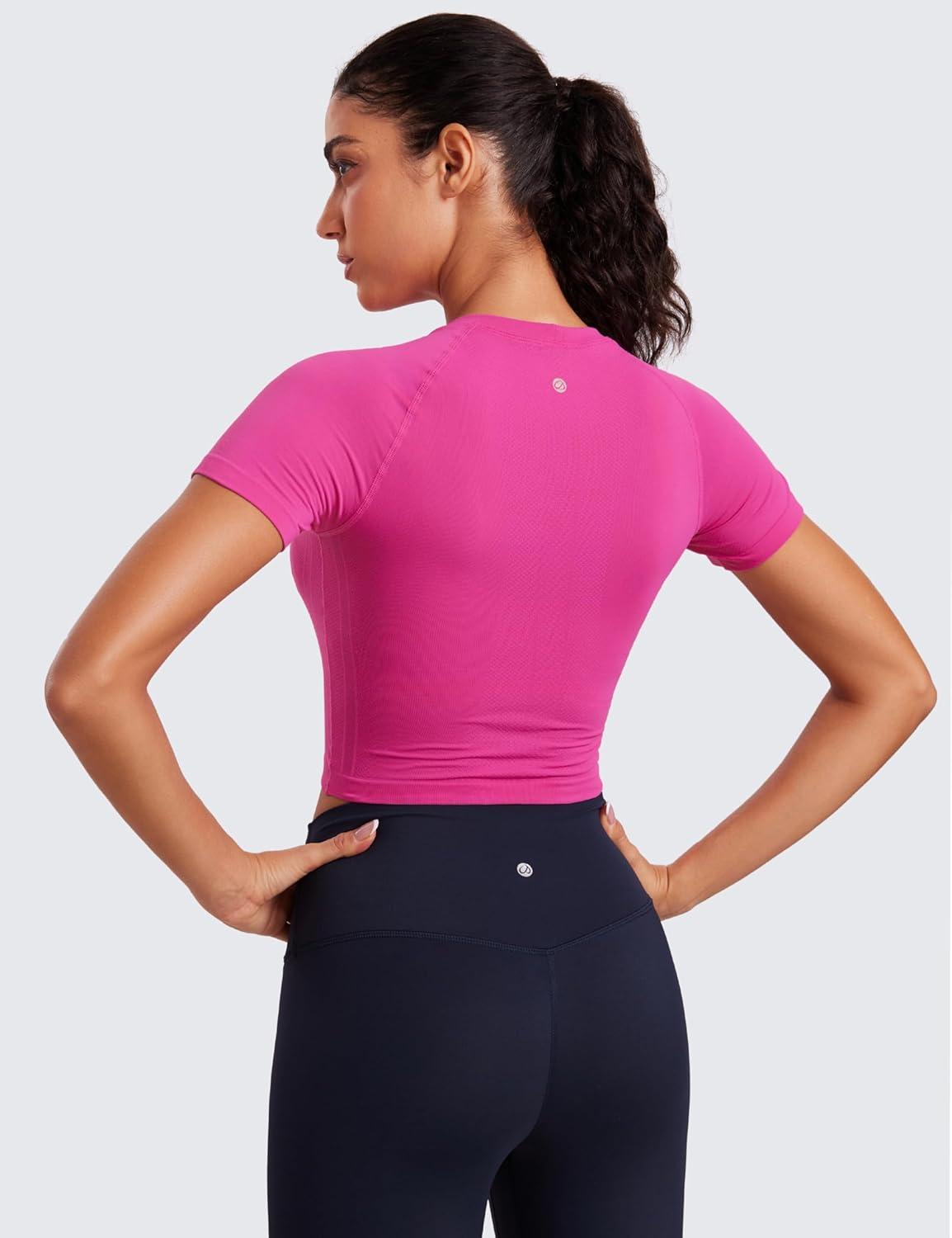 imageCRZ YOGA Seamless Crop Workout Tops for Women Athletic Running Gym Yoga Short Sleeve Shirts BasicHibiscus Purple