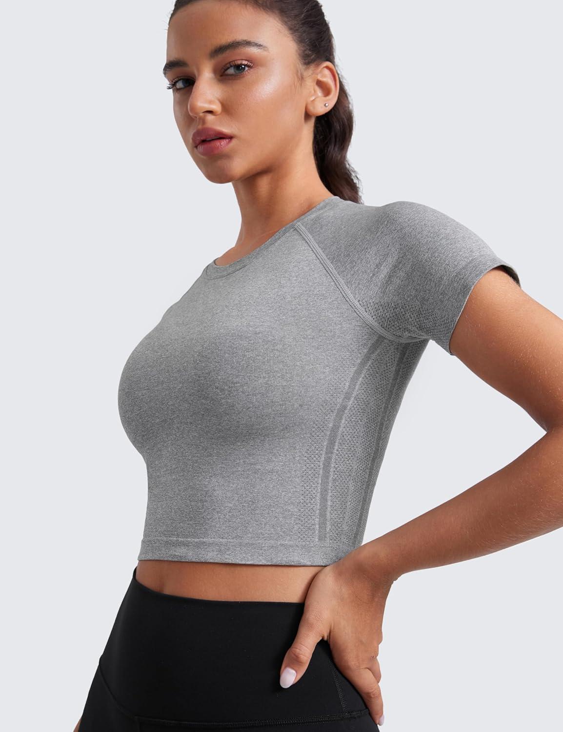 imageCRZ YOGA Seamless Crop Workout Tops for Women Athletic Running Gym Yoga Short Sleeve Shirts BasicSlate Grey Marl