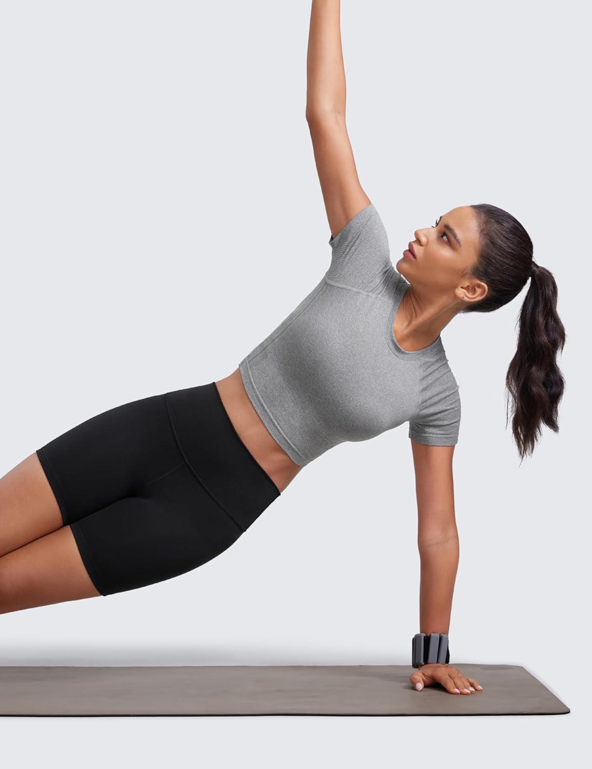 imageCRZ YOGA Seamless Crop Workout Tops for Women Athletic Running Gym Yoga Short Sleeve Shirts BasicSlate Grey Marl