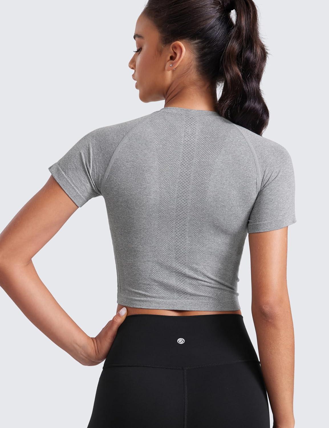 imageCRZ YOGA Seamless Crop Workout Tops for Women Athletic Running Gym Yoga Short Sleeve Shirts BasicSlate Grey Marl