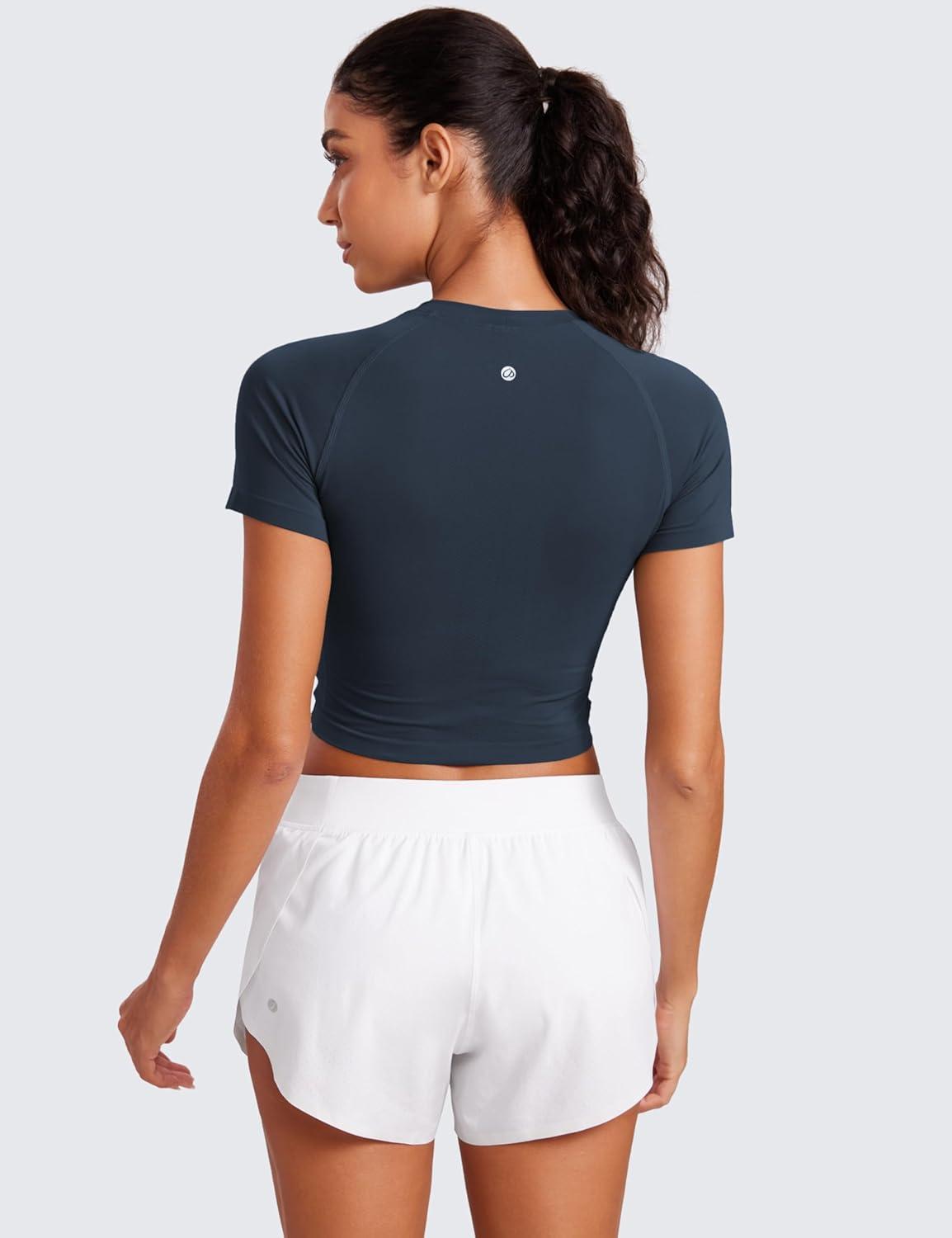 imageCRZ YOGA Seamless Crop Workout Tops for Women Athletic Running Gym Yoga Short Sleeve Shirts BasicTwilight Blue
