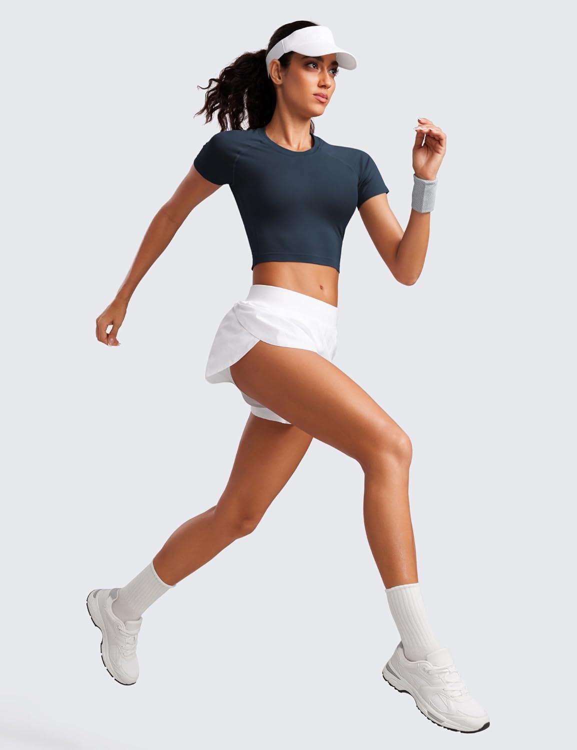 imageCRZ YOGA Seamless Crop Workout Tops for Women Athletic Running Gym Yoga Short Sleeve Shirts BasicTwilight Blue