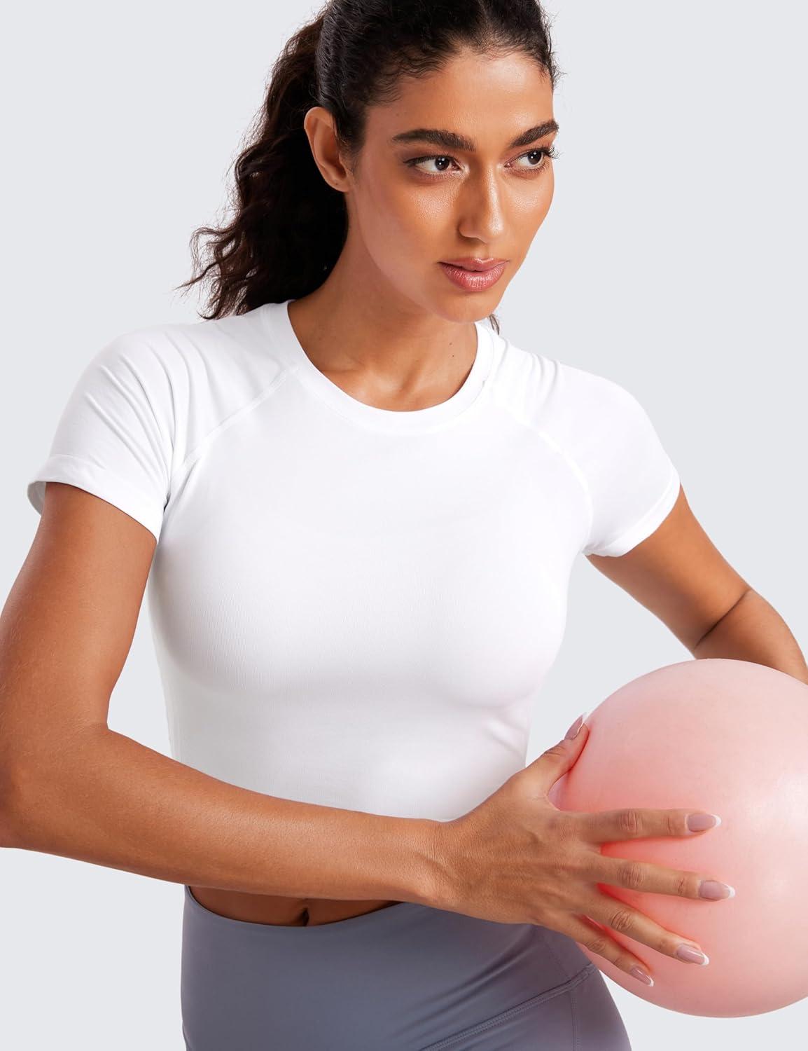 imageCRZ YOGA Seamless Crop Workout Tops for Women Athletic Running Gym Yoga Short Sleeve Shirts BasicWhite