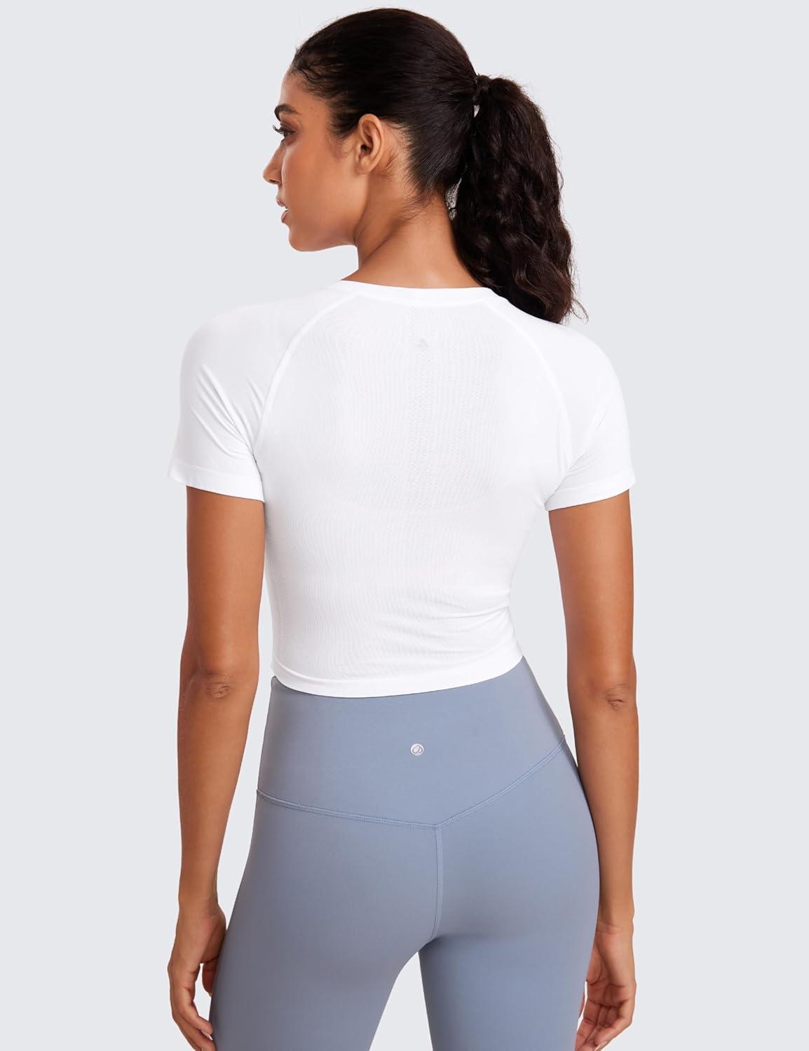 imageCRZ YOGA Seamless Crop Workout Tops for Women Athletic Running Gym Yoga Short Sleeve Shirts BasicWhite