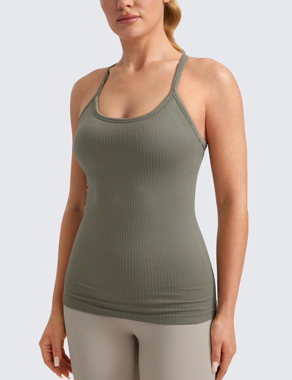 imageCRZ YOGA Seamless Workout Tank Tops for Women Racerback Athletic Camisole Sports Shirts with Built in BraDark Green