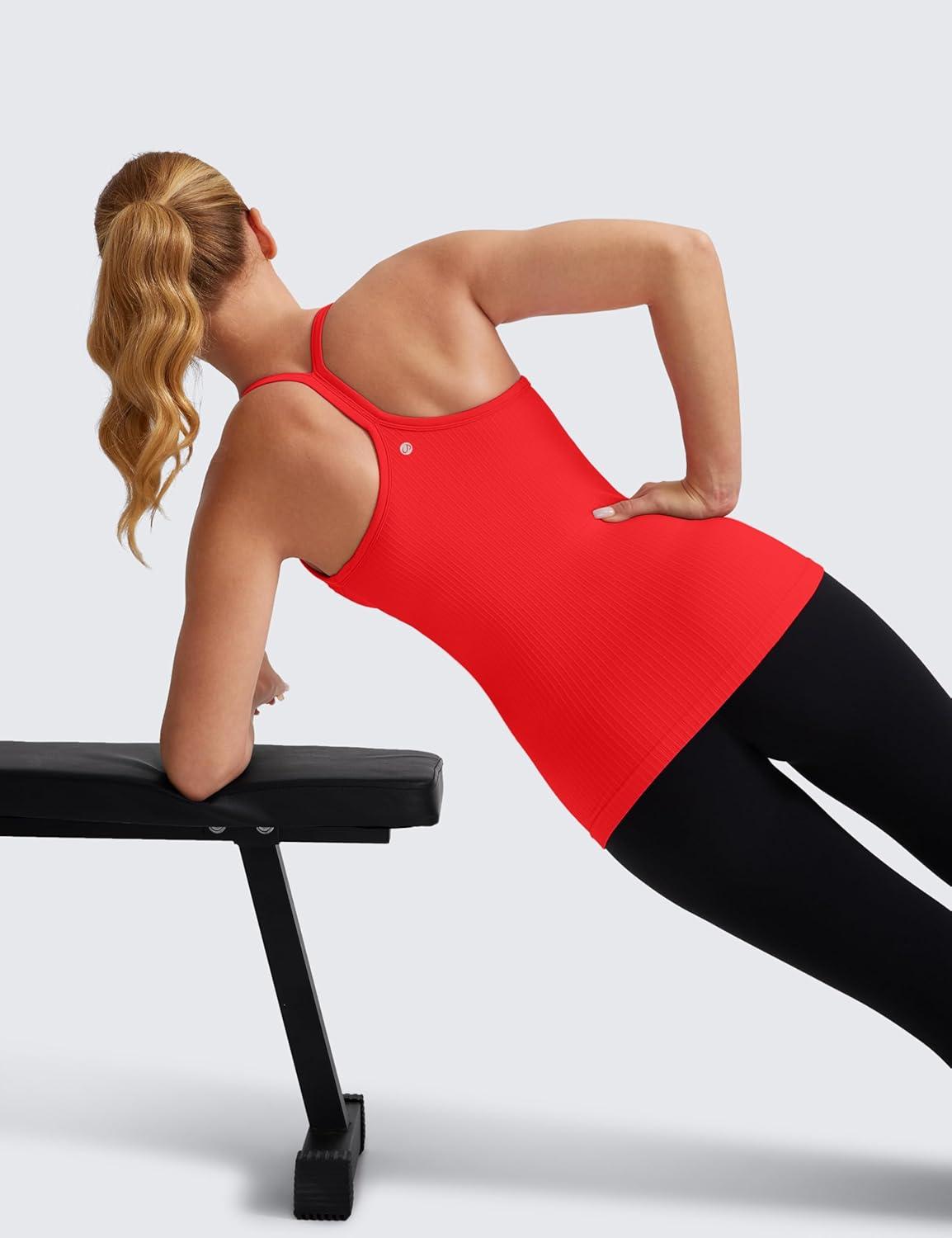 imageCRZ YOGA Seamless Workout Tank Tops for Women Racerback Athletic Camisole Sports Shirts with Built in BraDark Red