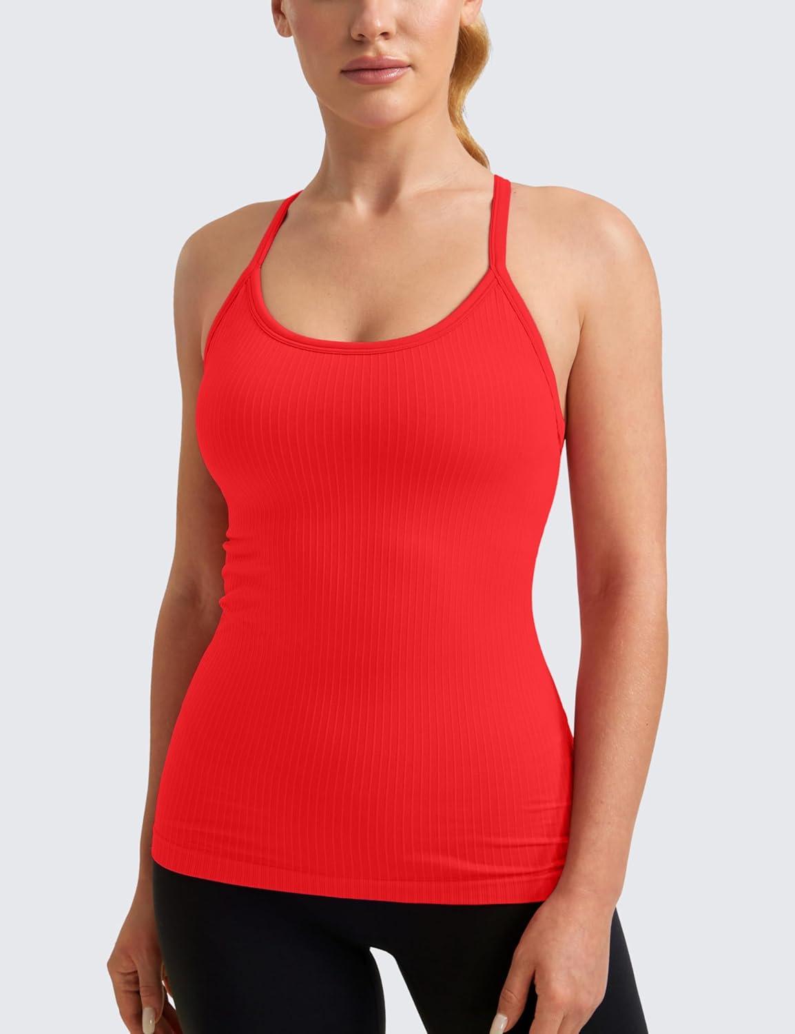 imageCRZ YOGA Seamless Workout Tank Tops for Women Racerback Athletic Camisole Sports Shirts with Built in BraDark Red