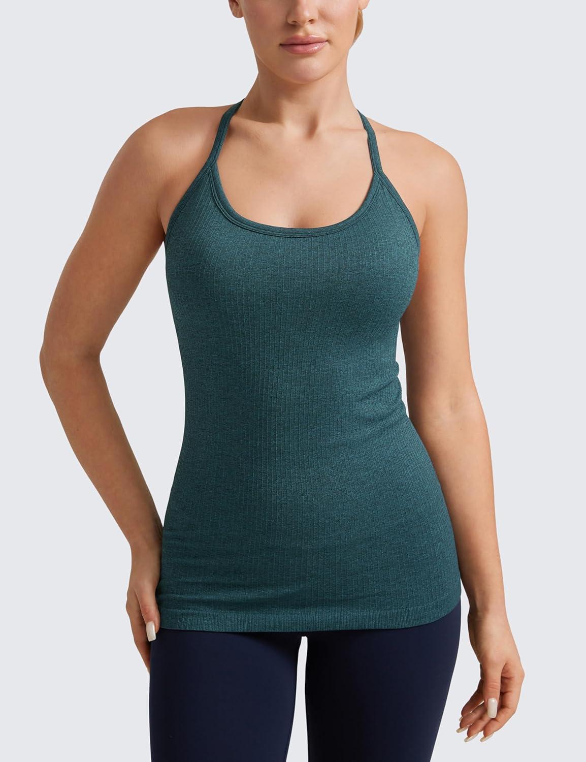 imageCRZ YOGA Seamless Workout Tank Tops for Women Racerback Athletic Camisole Sports Shirts with Built in BraGreen Jade