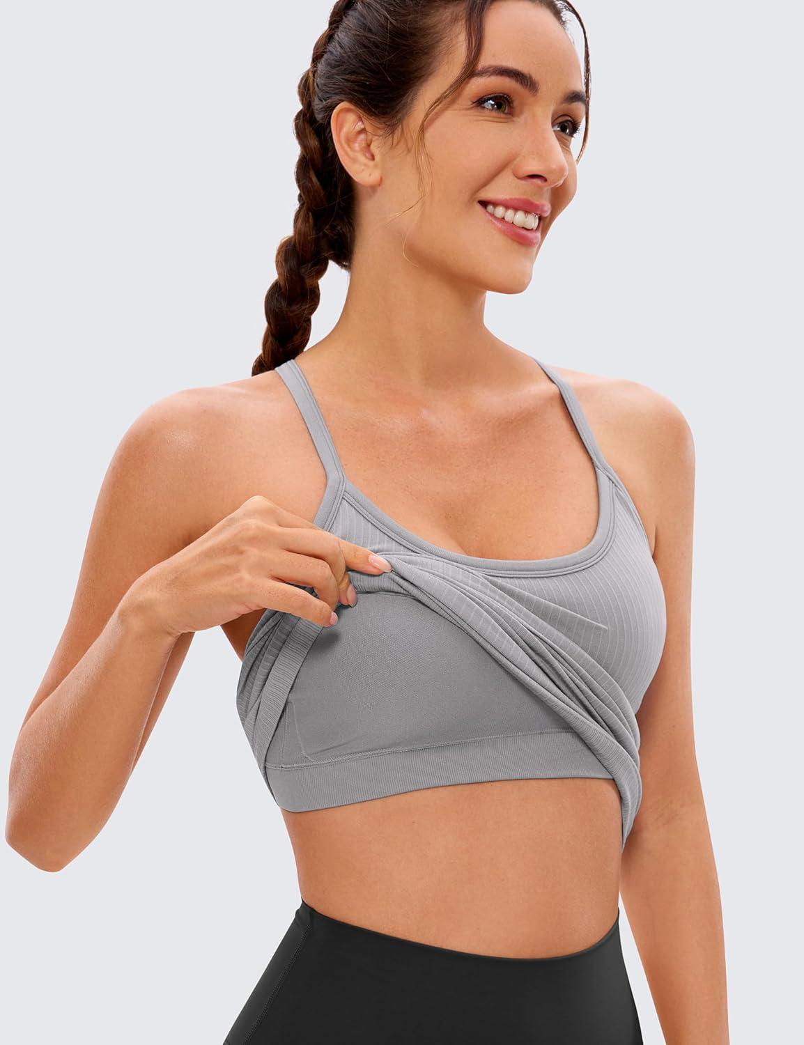 imageCRZ YOGA Seamless Workout Tank Tops for Women Racerback Athletic Camisole Sports Shirts with Built in BraGull Gray