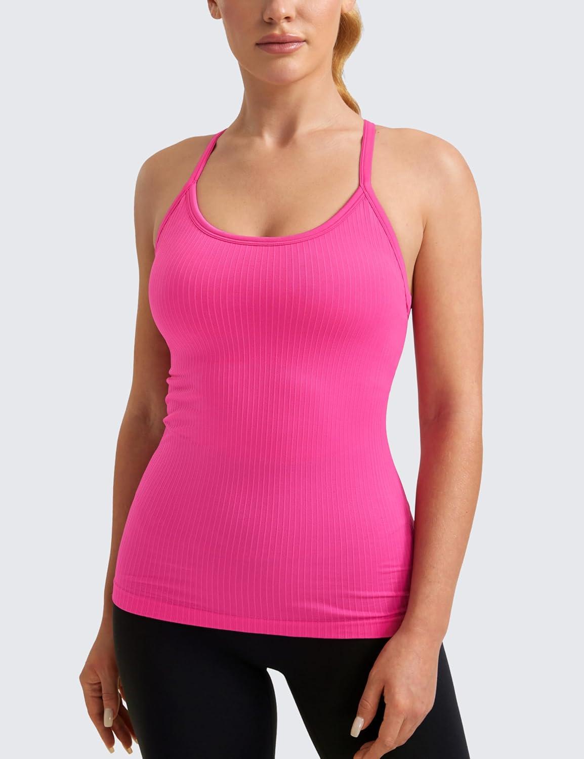 imageCRZ YOGA Seamless Workout Tank Tops for Women Racerback Athletic Camisole Sports Shirts with Built in BraHibiscus Purple