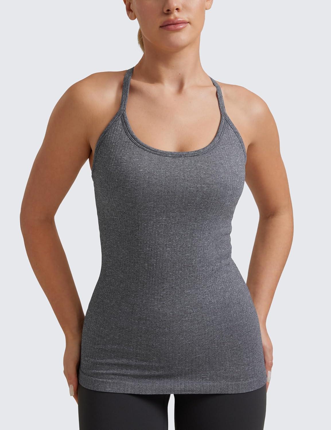 imageCRZ YOGA Seamless Workout Tank Tops for Women Racerback Athletic Camisole Sports Shirts with Built in BraLight Grey