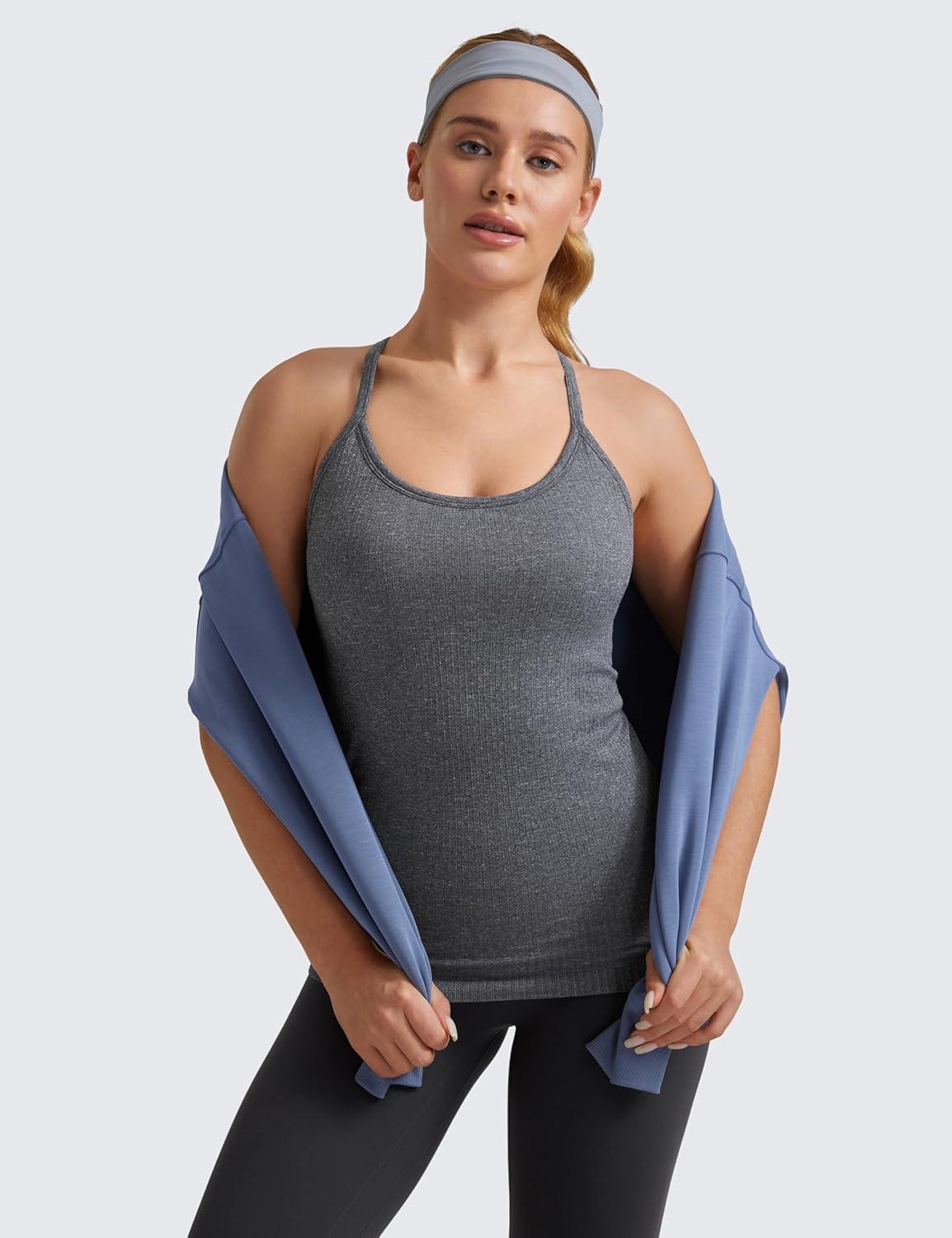 imageCRZ YOGA Seamless Workout Tank Tops for Women Racerback Athletic Camisole Sports Shirts with Built in BraLight Grey
