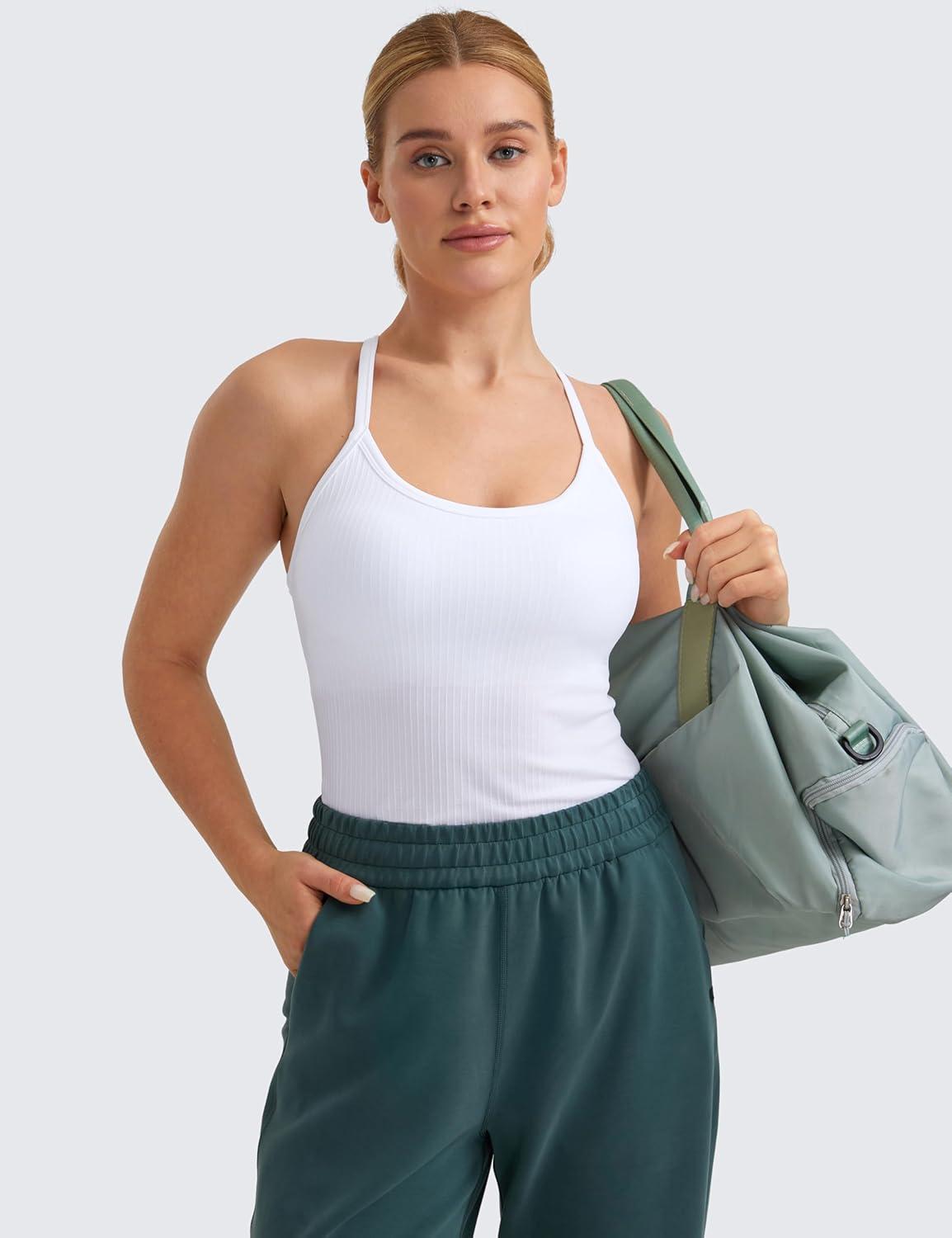 imageCRZ YOGA Seamless Workout Tank Tops for Women Racerback Athletic Camisole Sports Shirts with Built in BraWhite