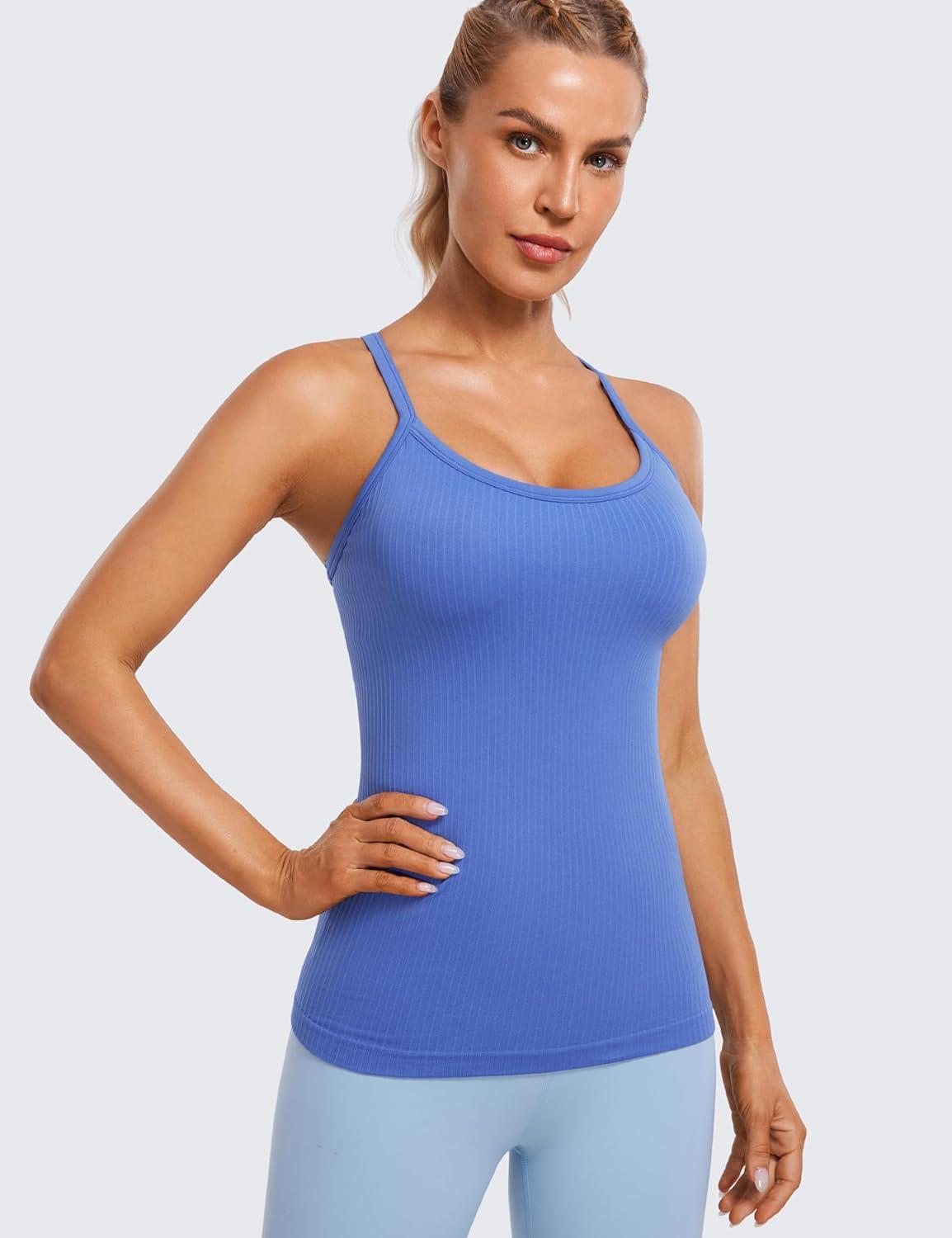 imageCRZ YOGA Seamless Workout Tank Tops for Women Racerback Athletic Camisole Sports Shirts with Built in BraWild Indigo