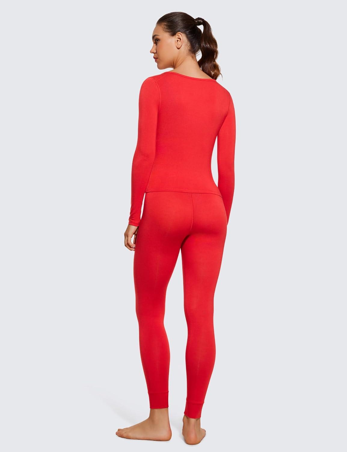 imageCRZ YOGA Soft Thermal Underwear Sets for Women Lightweight Long Johns Base Layer Pajamas Warm Top BottomDeep Red