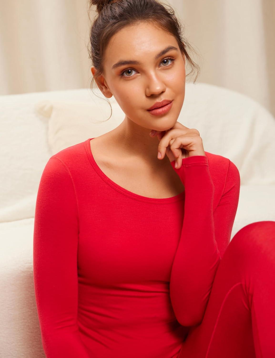 imageCRZ YOGA Soft Thermal Underwear Sets for Women Lightweight Long Johns Base Layer Pajamas Warm Top BottomDeep Red
