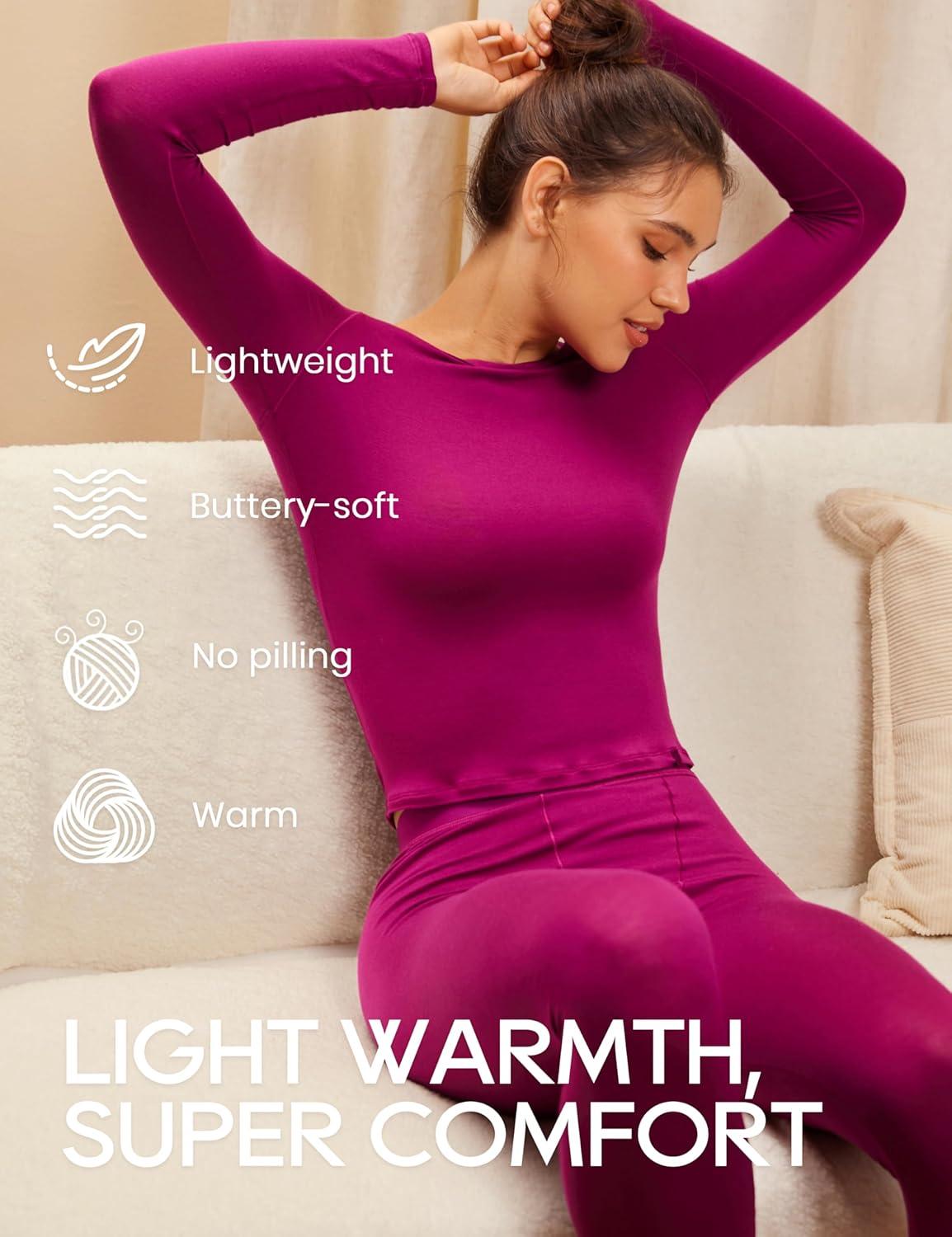 imageCRZ YOGA Soft Thermal Underwear Sets for Women Lightweight Long Johns Base Layer Pajamas Warm Top BottomMagenta Purple 2