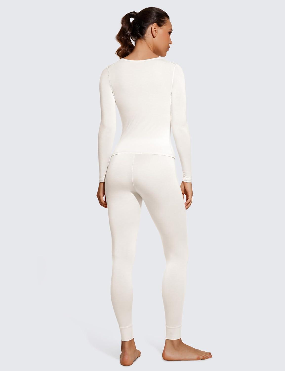 imageCRZ YOGA Soft Thermal Underwear Sets for Women Lightweight Long Johns Base Layer Pajamas Warm Top BottomMilky White