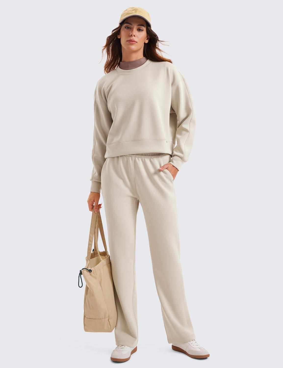 imageCRZ YOGA SoftAura Pullover Sweatshirt for Women Crewneck Workout Casual Basic Fall Sweat ShirtsMojave Tan