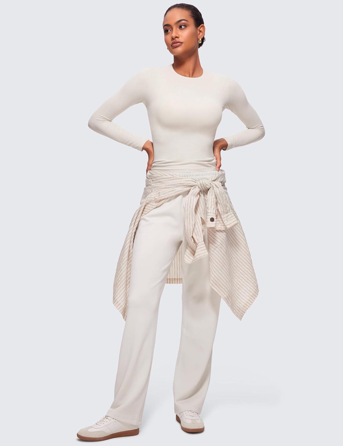 imageCRZ YOGA Softembrace Crewneck Long Sleeve Shirts for Women Casual Going Out Tops Soft Basic Fitted Tight Fall TShirtsMilky White